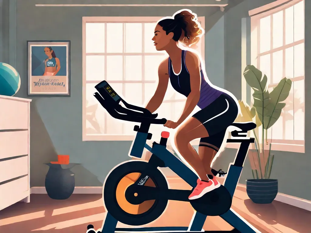 Descrição da imagem: Uma mulher em traje atlético está pedalando em sua bicicleta estacionária em uma academia caseira bem iluminada. Com determinação no rosto, ela segue uma rotina de exercícios exibida em uma tela digital, mostrando uma variedade de exercícios de ciclismo. O ambiente é decorado com citações motivacionais e equipamentos de fitness, criando uma atmosfera inspiradora para uma sessão