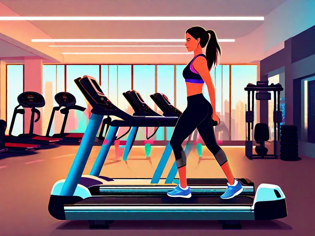 Descrição da imagem: Uma mulher vestindo roupas de treino está em uma academia, em pé na frente de uma fileira de máquinas de cardio. No primeiro plano, ela está usando uma esteira, com os pés em movimento e suor brilhando em sua testa. Ao fundo, uma bicicleta estacionária é visível, esperando para ser usada.