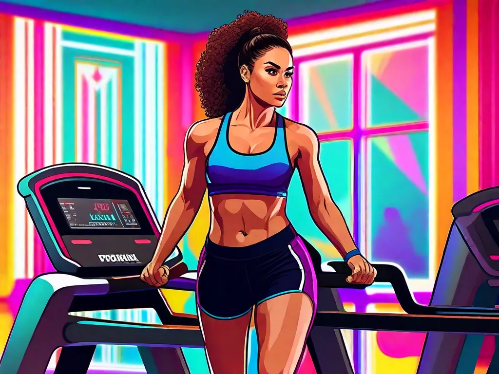 Descrição da imagem:
Uma imagem vibrante mostrando uma mulher confiantemente se exercitando em uma esteira. Ela está vestindo roupas atléticas e tem uma expressão determinada no rosto. O fundo está cheio de cores energéticas, representando motivação e estilo de vida ativo.