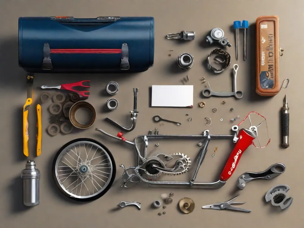 Uma bancada de trabalho atulhada com ferramentas de bicicleta: chaves inglesas, chaves de fenda e alicates. Uma bicicleta parcialmente desmontada com sua roda dianteira removida, engrenagens expostas e a corrente pendurada. Um manual aberto repousa ao lado de uma xícara de café pela metade, sinalizando o início de um detalh