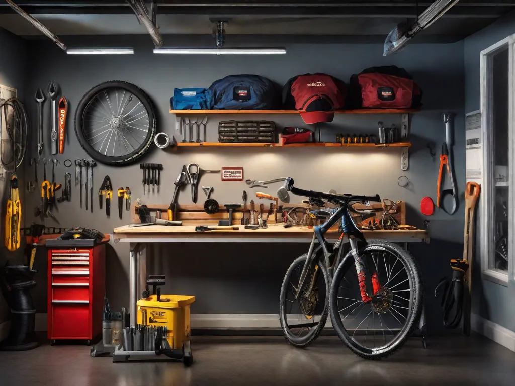 Uma bancada de trabalho bem organizada com uma bicicleta montada em um suporte de reparo. Várias ferramentas como chaves inglesas, alicates e chaves de fenda estão arrumadas de forma ordenada. Peças de reposição como câmaras de ar, remendos e uma bomba estão visíveis. O fundo mostra um pôster com dicas de manutenção de bicicletas.