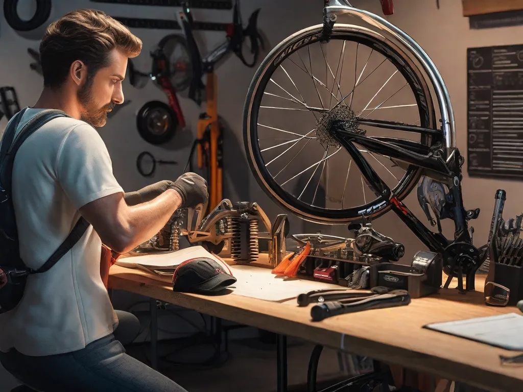 Um espaço de trabalho bem organizado com uma bicicleta montada em um suporte de reparo, ferramentas arrumadas ordenadamente em um painel perfurado, e um close-up das mãos de um mecânico ajustando as engrenagens da bicicleta, exibindo componentes limpos e bem conservados.