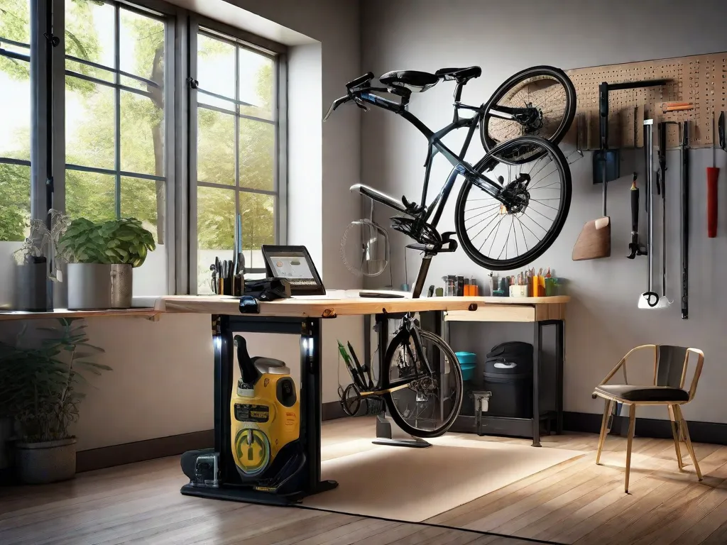 Um espaço de trabalho bem organizado com um suporte ergonômico para conserto de bicicletas no centro. As ferramentas estão penduradas de forma organizada em um painel perfurado, e um banco ajustável e confortável está posicionado por perto. A bicicleta está segura em uma altura confortável para o trabalho, demonstrando uma postura ergonômica para tarefas de manutenção.