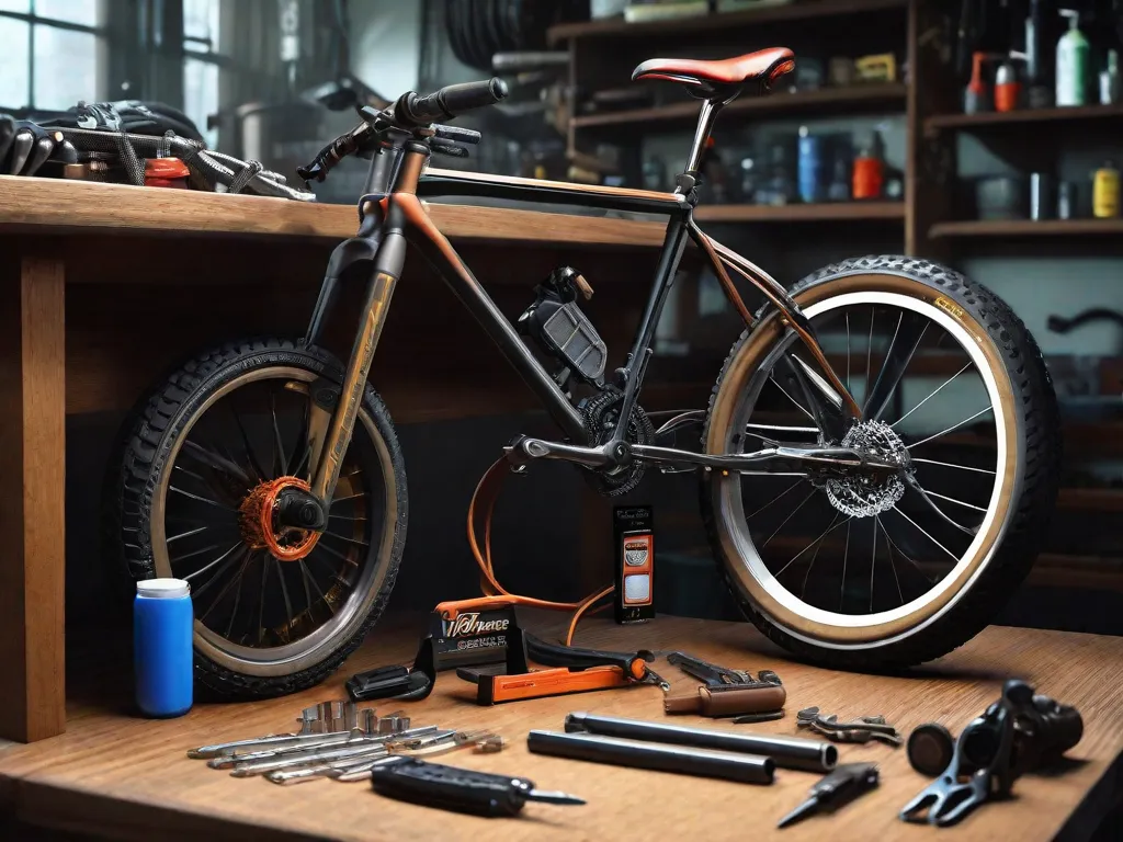 Uma bancada de trabalho organizada com uma ferramenta multifuncional para bicicleta, espátulas para pneus, kits de remendo, uma mini bomba e uma ferramenta para quebrar corrente. Ao fundo, há uma bicicleta de cabeça para baixo com as rodas removidas, sugerindo um reparo em andamento.