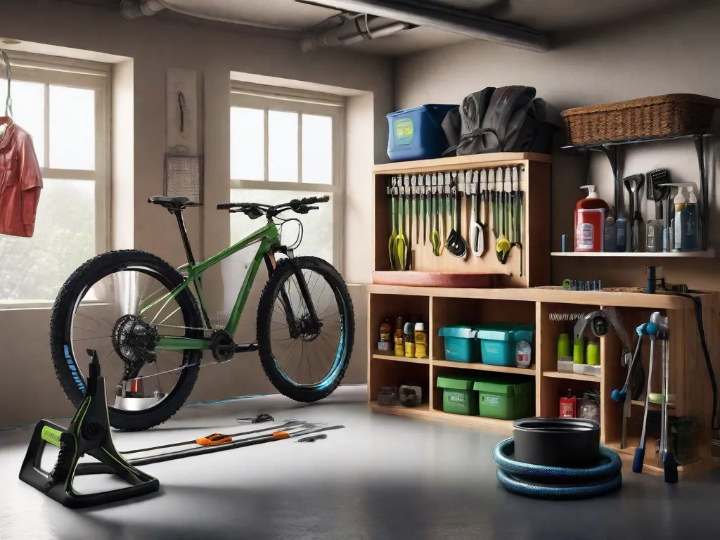 Uma bancada de trabalho bem organizada com um conjunto de ferramentas para limpeza de bicicletas: escovas de vários tamanhos, um dispositivo de limpeza de corrente, garrafas de desengraxante biodegradável, panos de microfibra e um balde cheio de água ensaboada. Ao fundo, um suporte para bicicleta mantém uma bike no lugar para manutenção.