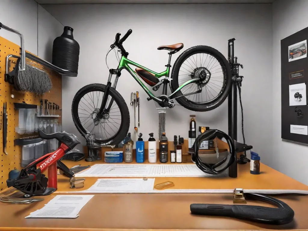 Uma imagem em close-up de uma corrente e engrenagens de bicicleta com uma pequena escova removendo detritos, e um frasco conta-gotas de lubrificante posicionado acima, pronto para aplicar uma camada fresca na corrente limpa. Ferramentas e panos estão espalhados em uma bancada de trabalho ao fundo.