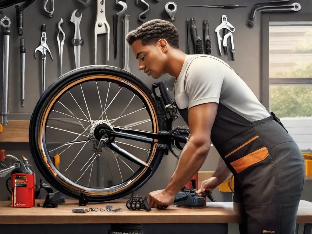 Uma oficina bem organizada com uma bicicleta montada em um suporte, ferramentas cuidadosamente arrumadas em um rack de parede, e um close-up das mãos de um mecânico ajustando as marchas da bicicleta. Lubrificantes, chaves inglesas e uma bomba de pneu são visíveis, enfatizando a importância da manutenção regular.