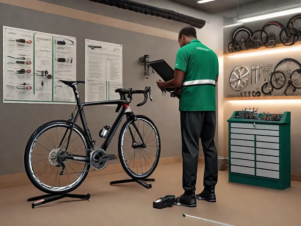 Um mecânico em uma oficina bem organizada está ao lado de uma elegante bicicleta de estrada montada em um suporte de reparo, ajustando meticulosamente as marchas. As ferramentas estão arrumadas na parede ao fundo, e uma lista de verificação está visível em uma prancheta, garantindo uma inspeção final detalhada antes de a bicicleta voltar à estrada.