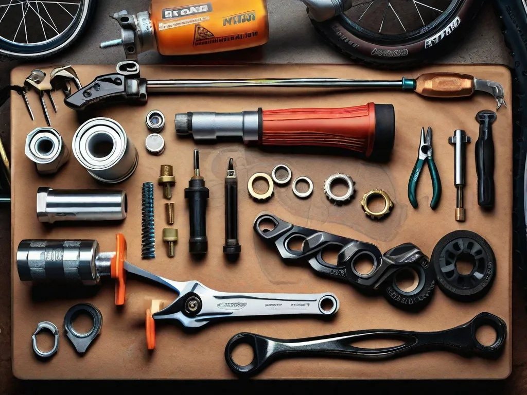 Close-up de uma bancada de trabalho de um mecânico de bicicletas, mostrando uma variedade de ferramentas essenciais para a manutenção de bicicletas. Desde chaves e chaves de fenda até lubrificantes de corrente e alavancas de pneus, essa imagem captura o equipamento essencial necessário para manter sua bicicleta em perfeitas condições.