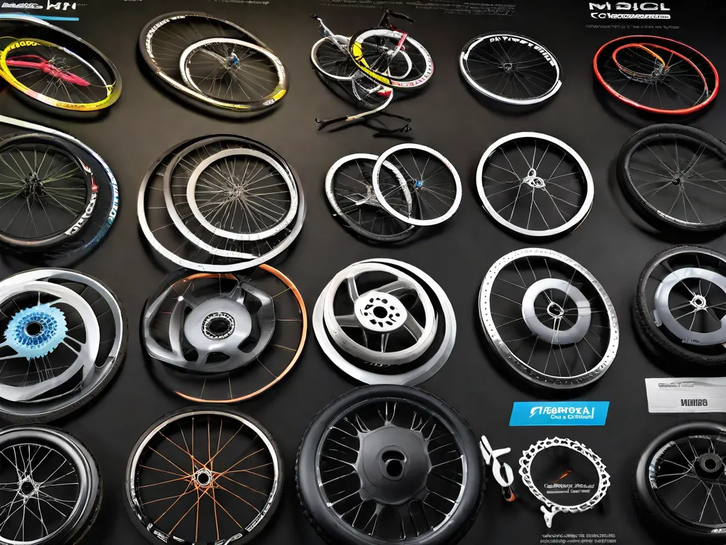Uma imagem de uma variedade de aros de bicicleta exibidos lado a lado, mostrando os diferentes tipos disponíveis no mercado. Desde aros de carbono leves para bicicletas de estrada até aros de liga robustos e duráveis para bicicletas de montanha, a imagem destaca as diversas opções que os ciclistas têm ao escolher o aro perfeito para sua pedalada.