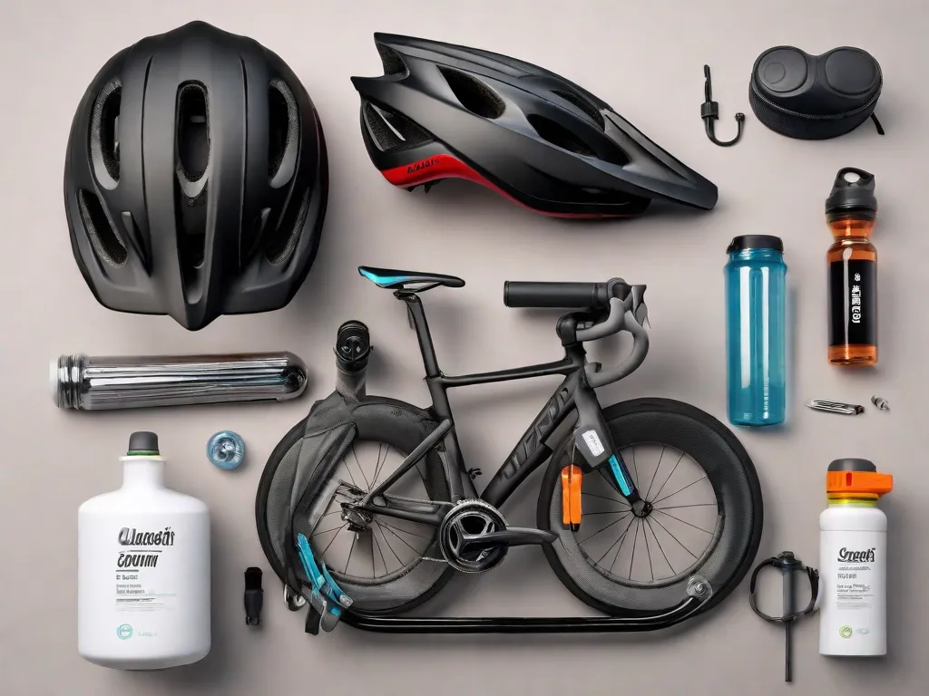 Uma imagem mostrando um conjunto de marchas de bicicleta organizado de forma arrumada. Um capacete de bicicleta preto e elegante repousa sobre o guidão, ao lado de um par de luvas acolchoadas para ciclismo. Uma garrafa de água e uma bomba de ar compacta estão presas ao quadro, enquanto uma pequena bolsa de selim contém um tubo sobressalente e
