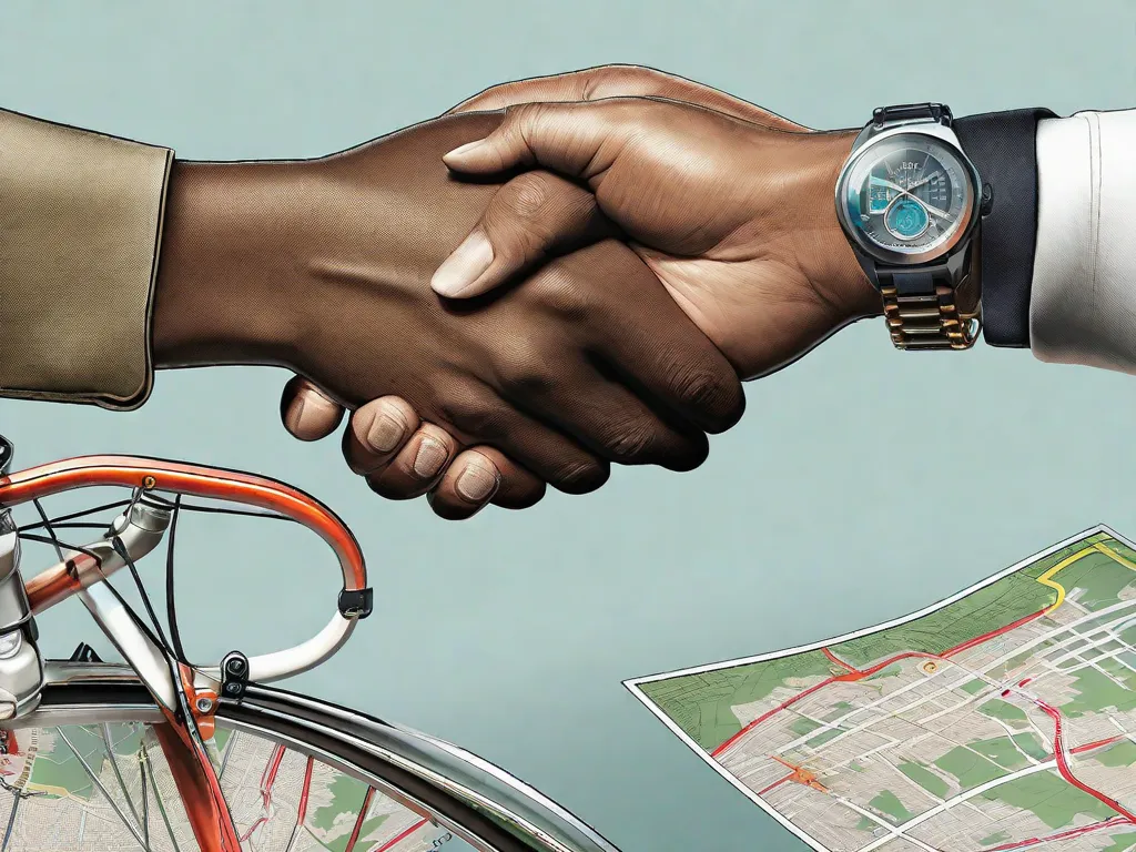 Uma imagem em close-up de duas mãos se cumprimentando, representando o fortalecimento das parcerias com instituições locais. As mãos estão posicionadas em um mapa, simbolizando a colaboração e união entre o blog de bicicletas e essas organizações na comunidade.