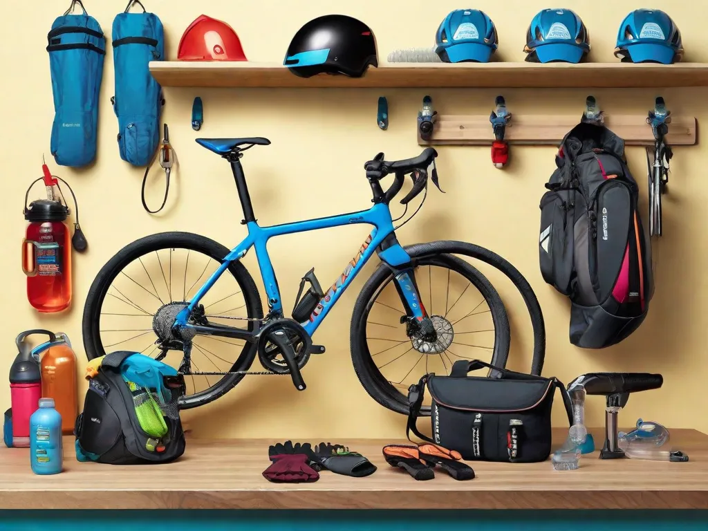 Uma parede organizada de forma limpa exibindo uma variedade de acessórios para bicicleta: capacetes pendurados em ganchos, prateleiras com garrafas de água e luvas, uma bomba de bicicleta ancorada na lateral e um conjunto de ferramentas múltiplas exibido de forma proeminente em uma pequena bancada de trabalho. A iluminação intensa realça o color