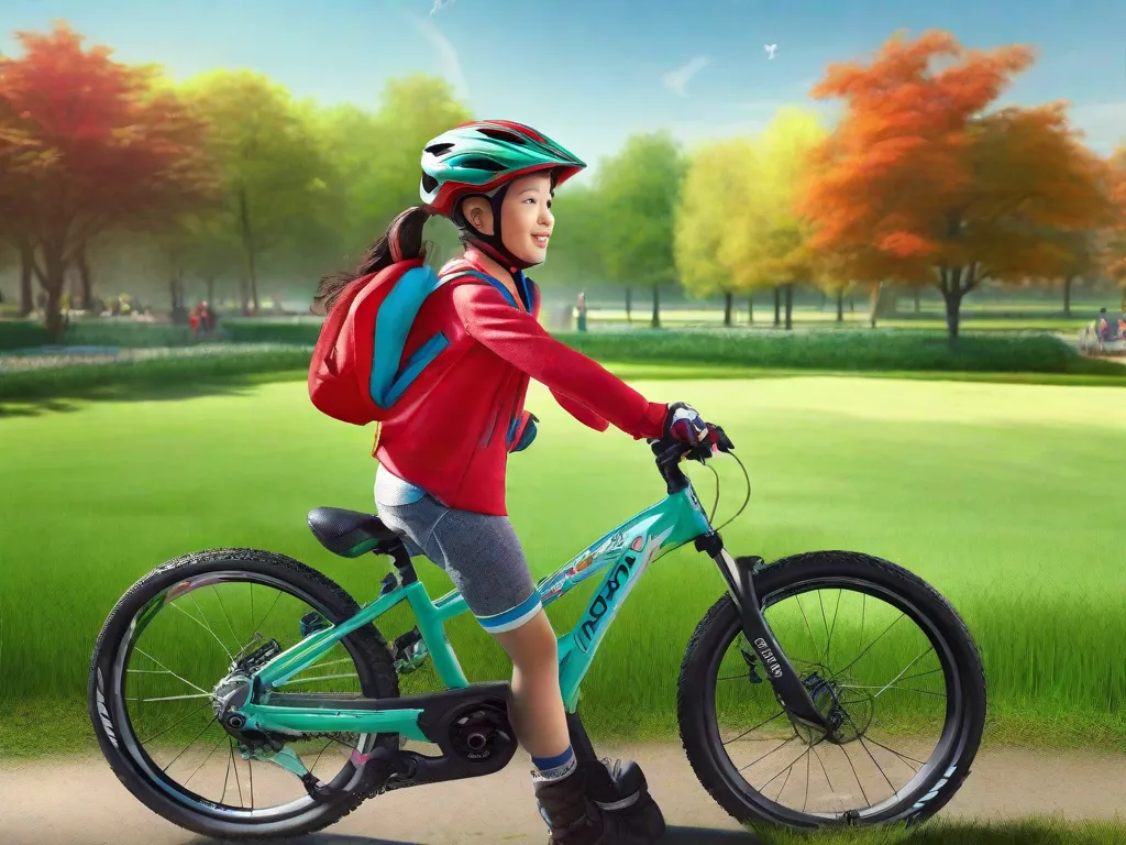 Descrição: Um dia ensolarado no parque com uma criança andando de bicicleta. A criança está usando um capacete e um grande sorriso no rosto enquanto pedala confiantemente para frente. O pai está correndo ao lado, fornecendo apoio e encorajamento.