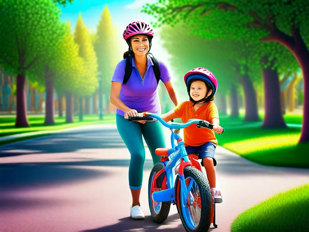 Descrição: Um dia ensolarado no parque, um pai fica ao lado de seu filho que está sentado em uma bicicleta colorida. A criança usa um capacete e um grande sorriso enquanto segura o guidão. O pai apoia suavemente a bicicleta, pronto para orientar e ensinar seu filho a andar.