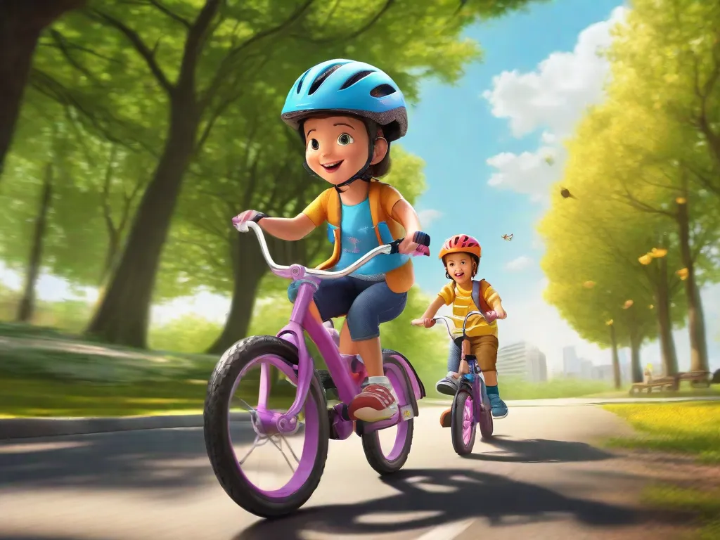 Descrição: Um dia ensolarado no parque com uma criança andando de bicicleta. A criança está usando um capacete e um grande sorriso no rosto enquanto pedala confiantemente para frente. O pai está correndo ao lado, fornecendo apoio e encorajamento.