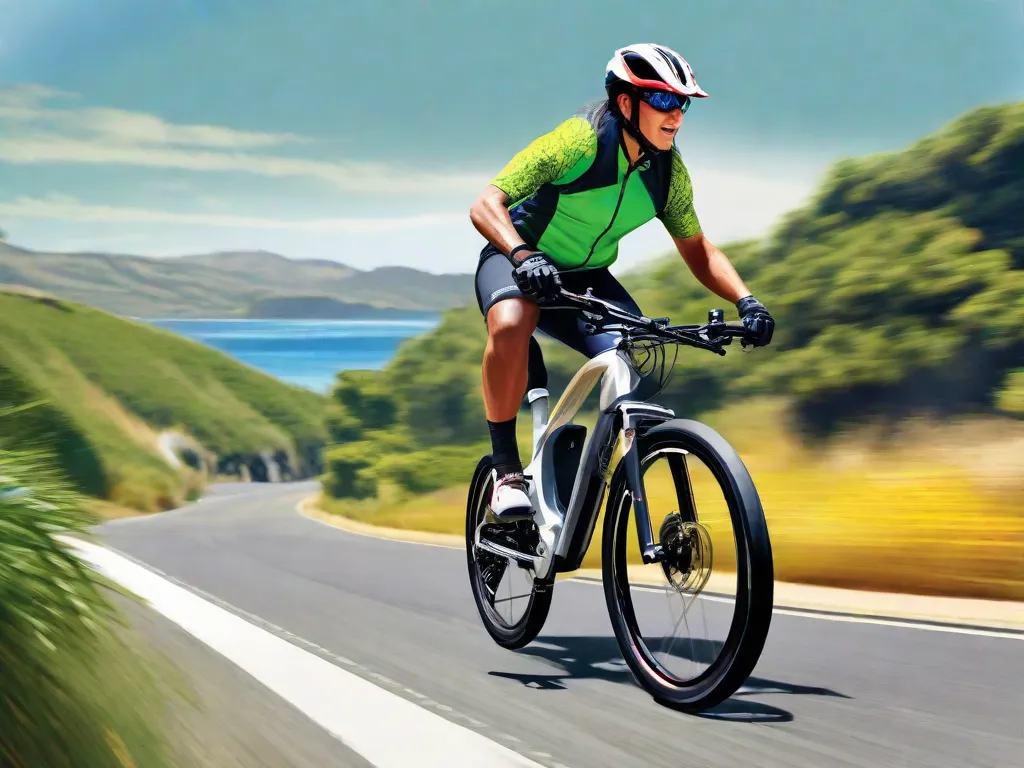 Descrição: Uma imagem vibrante de uma pessoa pedalando sua bicicleta híbrida ao longo de uma estrada costeira cênica. O ciclista está usando um capacete e um sorriso, com o vento soprando em seus cabelos. O design elegante da bicicleta e seus pneus robustos destacam sua versatilidade tanto para deslocamentos urbanos quanto para aventuras off-road.