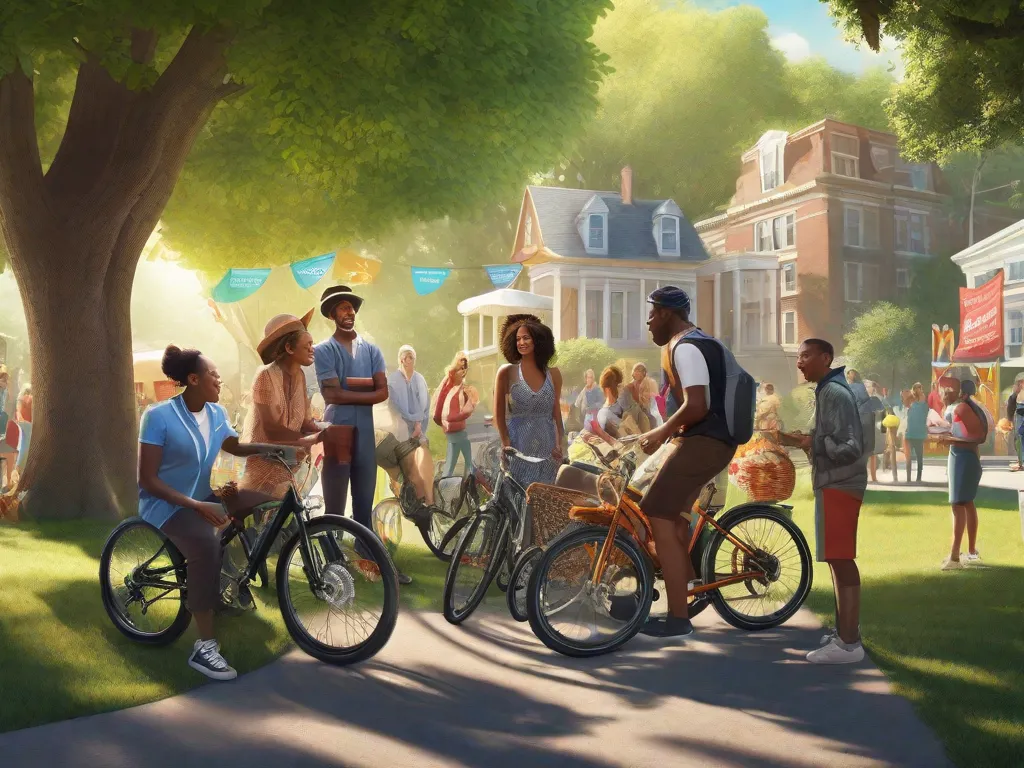 Um grupo diversificado de adultos se reúne em um parque ensolarado, com vários tipos de bicicletas encostadas em uma grande árvore. Eles estão conversando, rindo e compartilhando lanches, com uma faixa sobre suas cabeças que diz