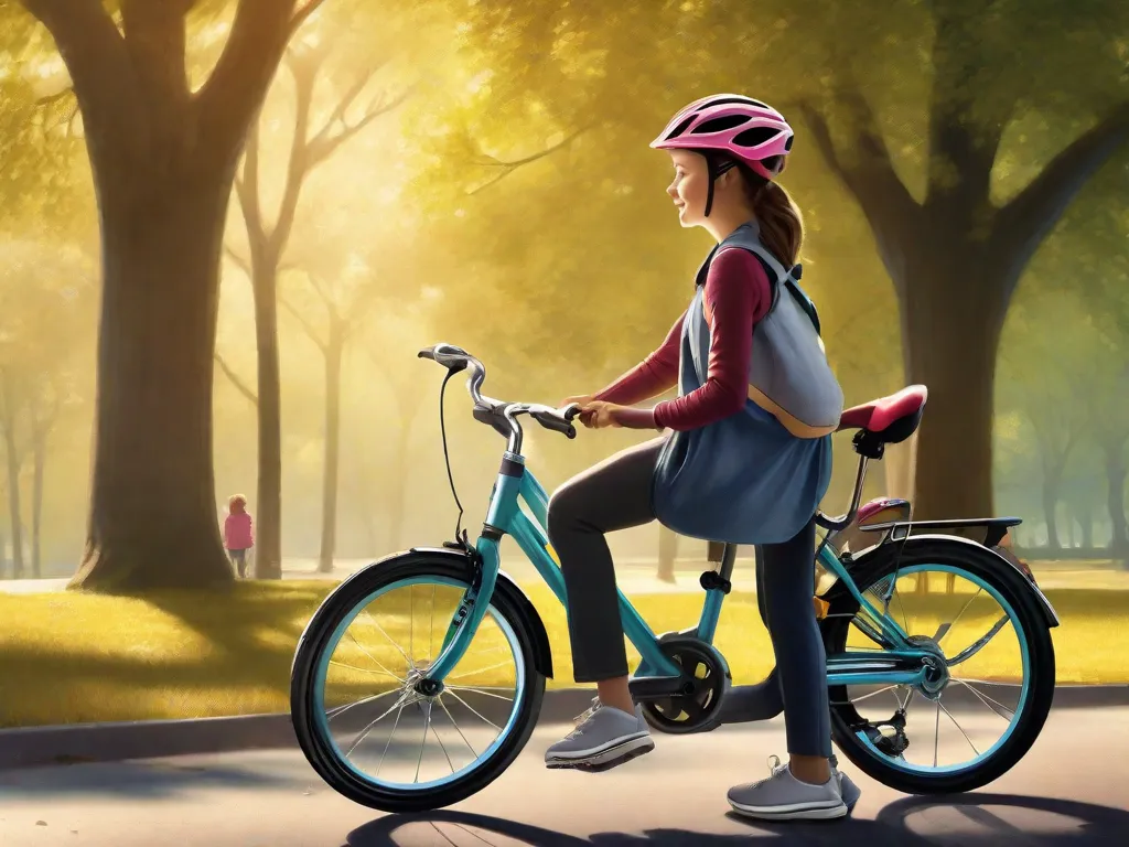 Descrição: Um dia ensolarado em um parque, mostrando uma bicicleta com um assento infantil acoplado na parte de trás. Um pai é visto cuidadosamente prendendo as tiras de segurança da criança, garantindo um passeio seguro e confortável. A criança aguarda ansiosamente, usando um capacete e segurando o guidão, pronta para um passeio de bicicleta cheio de aventuras