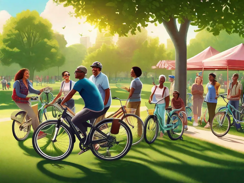Um grupo diversificado de adultos reuniu-se em um parque ensolarado, com suas bicicletas apoiadas enquanto conversam e riem, compartilhando histórias e dicas. Uma faixa com a inscrição