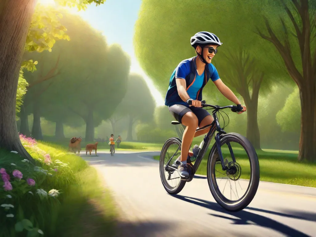 Descrição da imagem: Um dia ensolarado em um parque, com uma ampla ciclovia estendendo-se à frente. Uma pessoa usando capacete e roupas esportivas casuais está pedalando uma bicicleta com confiança, com um grande sorriso no rosto. Sua linguagem corporal reflete um sentimento de realização e alegria ao aprender a andar de bicicleta.