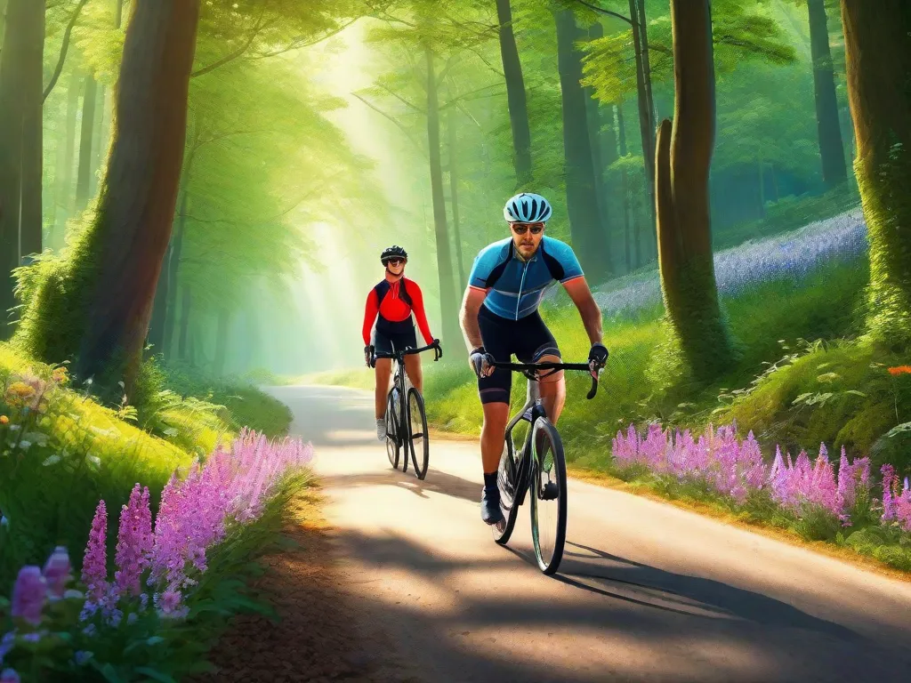 Descrição: Uma imagem vibrante que mostra um passeio de bicicleta sereno por uma floresta pitoresca. Os raios de sol penetram no exuberante dossel verde, lançando um brilho quente no sinuoso caminho à frente. O ciclista, cercado por flores silvestres florescendo, se deleita com a beleza da natureza enquanto pedala felicemente em meio à paisagem tranqu