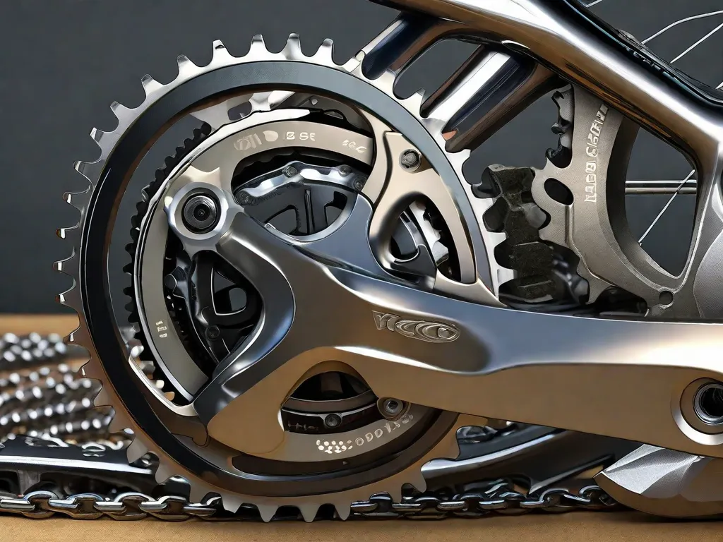 Uma imagem em close-up exibindo uma variedade de cassetes de marcha e desviadores de bicicleta, com os dentes de metal reluzentes e correntes elegantemente drapeadas sobre eles, destacando as diferenças intrincadas no design e tamanho para diversos terrenos e estilos de ciclismo.