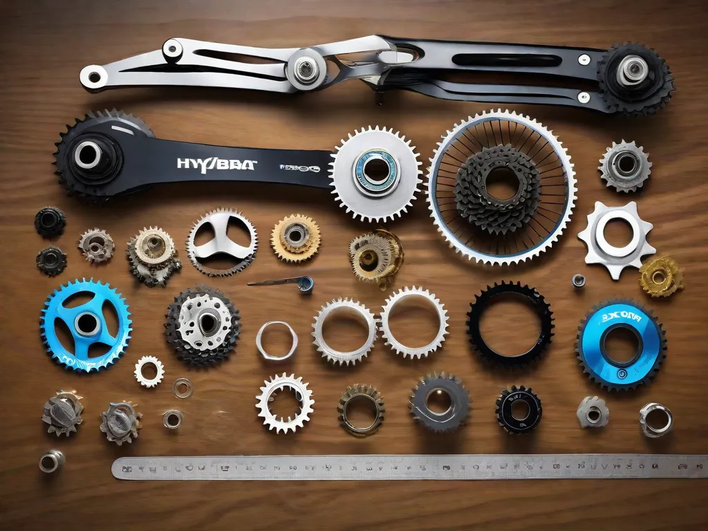 Uma variedade diversa de engrenagens e componentes de bicicleta dispostos ordenadamente sobre uma superfície de madeira, exibindo diferentes tamanhos e tipos, com foco em um anel de corrente e cassete. Um paquímetro e tabelas de compatibilidade estão visíveis ao fundo, enfatizando a precisão na seleção das peças certas.