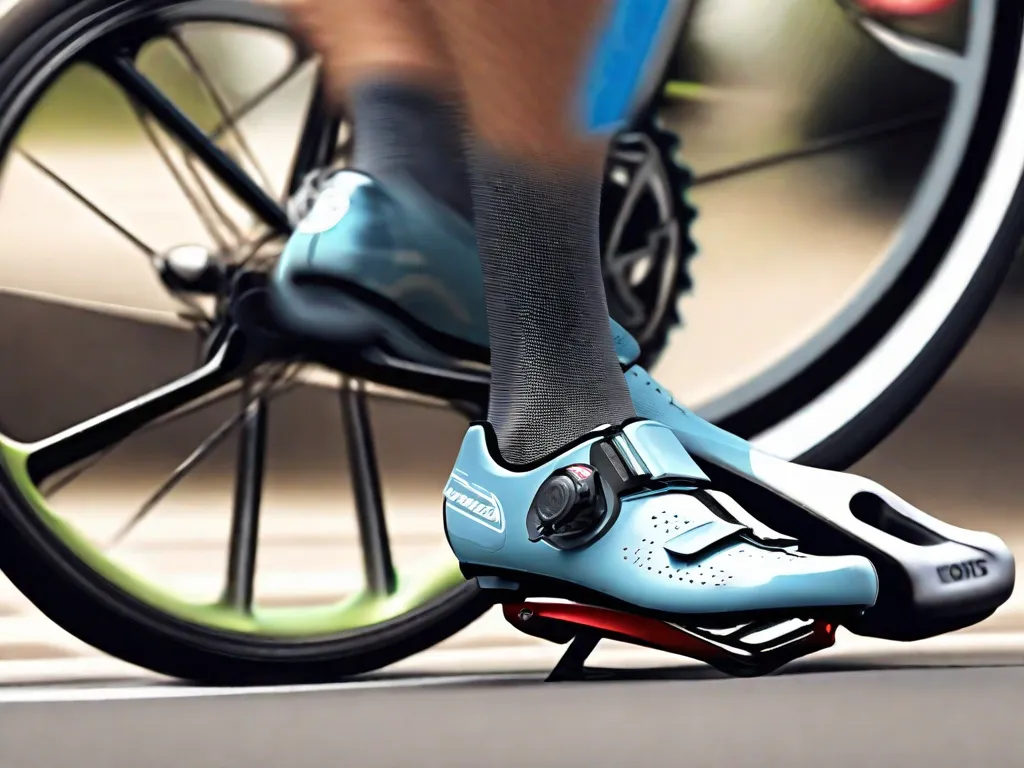 Uma imagem em close dos pés de um ciclista presos aos pedais de uma bicicleta de estrada. Os pedais e as travas estão limpos e bem conservados, com ajustes visíveis para alinhamento e tensão. Um quadro de bicicleta de estrada de fibra de carbono leve está parcialmente visível, enfatizando um foco em desempenho e eficiência.