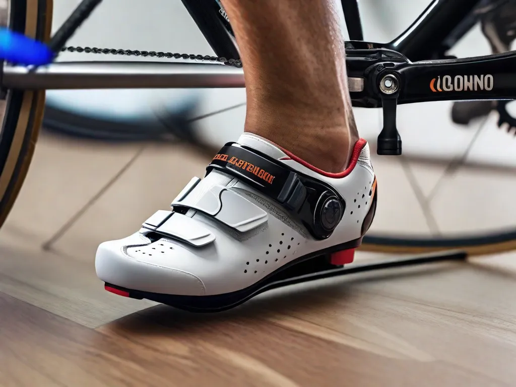 Uma imagem em close-up do pé de um ciclista em um sapato de ciclismo encaixado em um pedal, com medidas visíveis indicando a altura ideal e a distância do selim para garantir eficiência ergonômica na pedalada. O fundo mostra uma visão desfocada de um estúdio de ajuste de bicicletas.