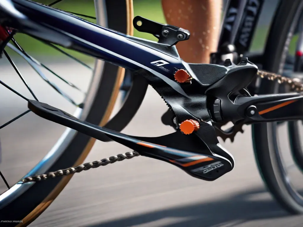 Uma imagem de close-up do pé de um ciclista preso a um pedal elegante de bicicleta de estrada. O sistema de pedal e encaixe está em foco nítido contra um fundo desfocado, destacando a conexão perfeita e o potencial para uma transferência de energia eficiente.