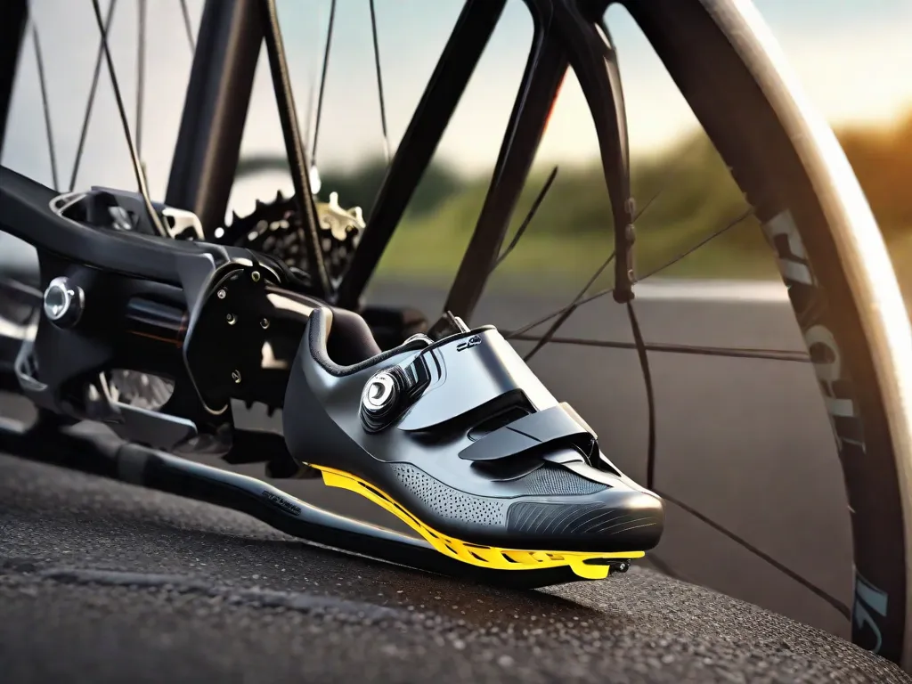 Uma imagem em close do sapato de um ciclista preso ao pedal de uma bicicleta de estrada, destacando a conexão segura do sistema de travessa. O mecanismo de ajuste no pedal é visível, mostrando a capacidade de ajustar com precisão a tensão do encaixe para conforto e desempenho personalizados.