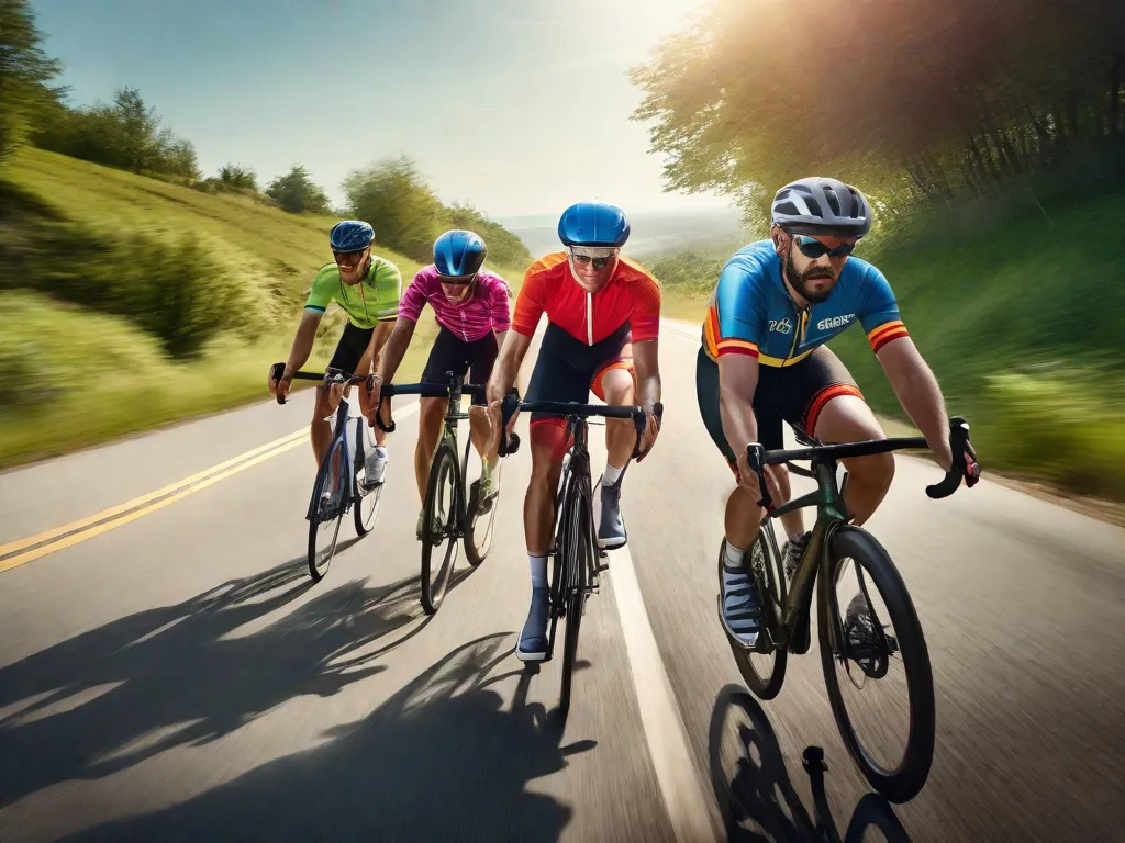 Um grupo de ciclistas adultos com capacetes aerodinâmicos e camisas coloridas pedala em fila única em uma estrada cênica, demonstrando a etiqueta de ciclismo adequada ao manter uma distância segura e permitir espaço para que os veículos ultrapassem.