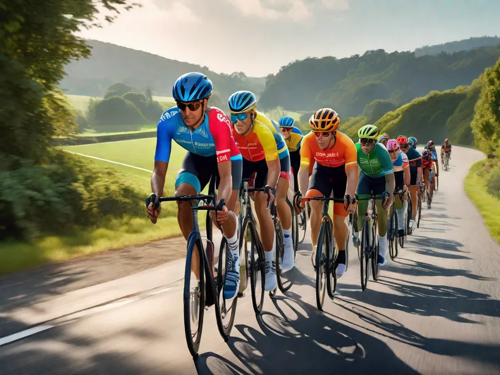 Um grupo unido de ciclistas com capacetes aerodinâmicos e camisetas coloridas pedala em uníssono ao longo de uma estrada iluminada pelo sol, cercada por um campo verdejante. Suas bicicletas estão próximas, as rodas quase se tocando, demonstrando a confiança e a coordenação necessárias para pedalar em um pelotão de forma eficiente e segura