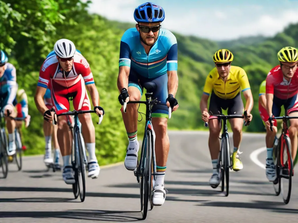 Um grupo de ciclistas adultos em formação apertada, vestindo camisas vibrantes e capacetes, pedalam sincronizados em uma estrada lisa no meio de uma vegetação exuberante. Suas bicicletas estão próximas, demonstrando trabalho em equipe e concentração, com o ciclista líder cortando o vento para os outros.