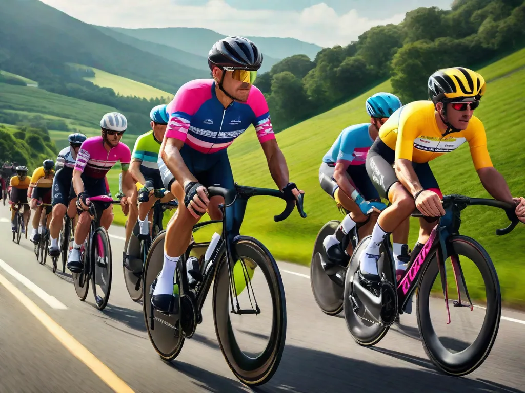 Um grupo de ciclistas adultos em formação fechada, vestindo camisas coloridas e capacetes aerodinâmicos, pedala em uníssono ao longo de uma estrada iluminada pelo sol com colinas verdejantes ao fundo. Suas bicicletas são elegantes e equipadas com rodas de corrida, destacando a camaradagem e o foco da condução em pelotão.