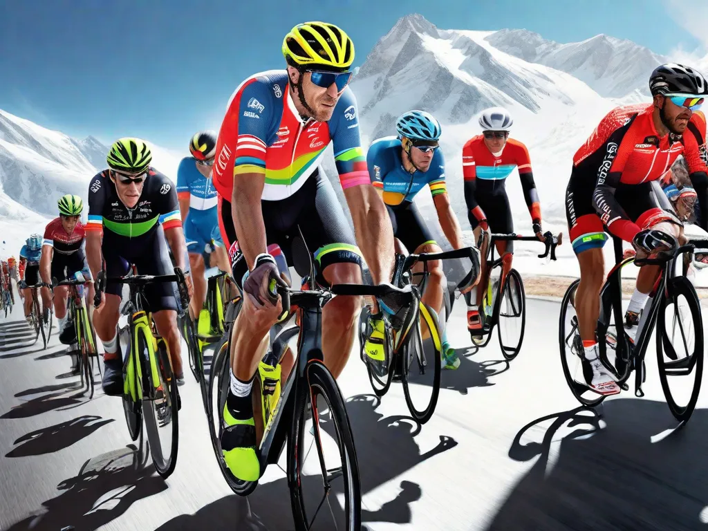 Um pelotão de ciclistas, vestidos com camisetas coloridas, avança com força por uma etapa montanhosa de um Grande Tour, tendo como pano de fundo deslumbrante os picos nevados sob um céu azul limpo. O esforço da tarefa é visível em seus rostos determinados.