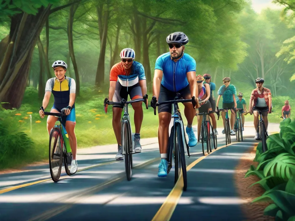 Um grupo diversificado de ciclistas adultos em roupas esportivas coloridas pedala junto em uma ciclovia designada, cercados por uma vegetação exuberante. Suas bicicletas estão equipadas com garrafas de água, e eles mantêm uma formação compacta, demonstrando camaradagem e o aspecto social do treinamento de ciclismo em grupo.