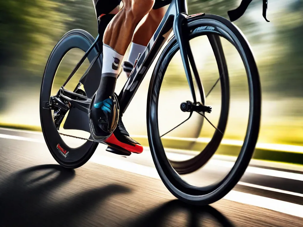 Um close-up dos músculos da perna de um ciclista, vestido com equipamento profissional de ciclismo, pressionando com força um pedal de bicicleta contra o pano de fundo de uma estrada de asfalto desfocada, simbolizando velocidade e o aumento da intensidade do pedal.