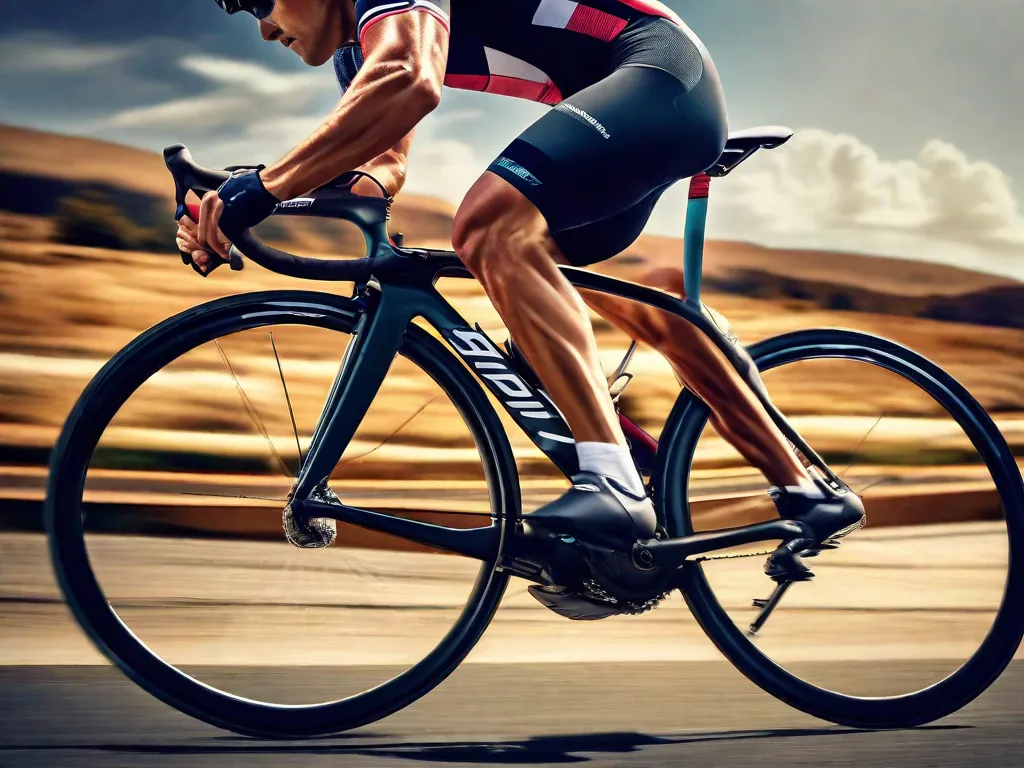 Uma imagem de close-up das pernas musculosas de um ciclista pedalando em uma bicicleta de estrada, com foco nos músculos da panturrilha e coxas enquanto eles impulsionam através de uma inclinação íngreme, destacando o esforço e a força necessários para o exercício. O fundo é um borrão de asfalto e paisagem cênica.