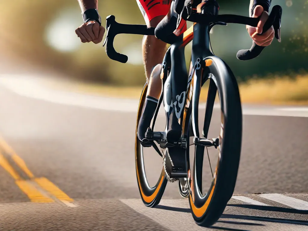 Uma imagem de perto das pernas e pés de um ciclista em movimento, presos aos pedais de uma bicicleta de estrada, demonstrando a técnica correta de pedalar em movimento circular contra o pano de fundo de uma estrada pavimentada e lisa se estendendo à frente.