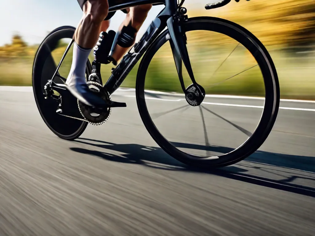 Um close-up das pernas de um ciclista em movimento, pedalando em uma bicicleta de estrada com foco na corrente e nas engrenagens, contra um fundo desfocado de asfalto, sugerindo velocidade e o conceito de encontrar a cadência e o ritmo perfeitos.