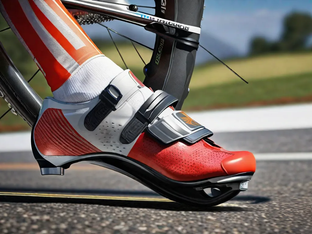 Uma imagem de close-up das pernas de um ciclista nos pedais, focando nos músculos da panturrilha e no calçado adequado. Bandas refletoras são visíveis ao redor dos tornozelos para segurança, e ao fundo, um capacete repousa sobre o guidão, enfatizando a prevenção de lesões.