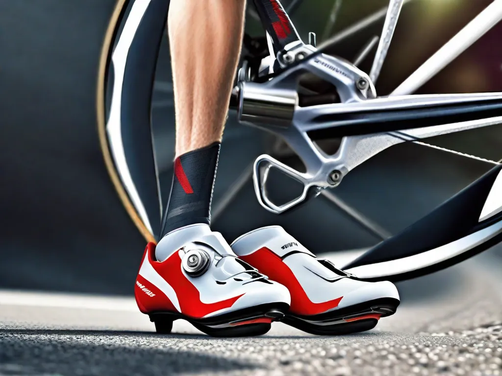 Uma imagem em close dos pés de um ciclista presos aos pedais de uma bicicleta de estrada, destacando o design elegante do mecanismo do pedal e os sapatos de ciclismo especializados combinando, com fixações de travessa visíveis e tiras de Velcro seguras, contra o pano de fundo de uma estrada de asfalto liso.