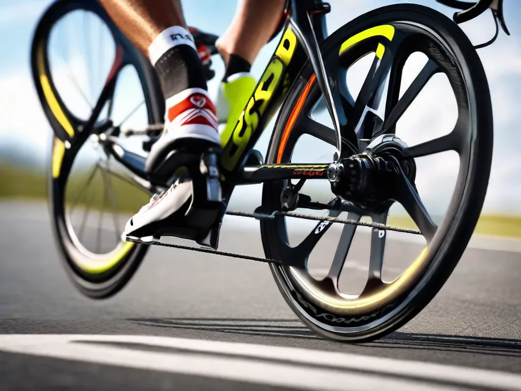 Uma imagem em close dos pés de um ciclista usando sapatilhas profissionais de ciclismo, presos aos pedais de uma bicicleta de estrada. Os pedais e os braços da manivela estão impecáveis, refletindo a luz do sol, enfatizando a importância de um equipamento bem mantido para uma pedalada eficiente. O fundo é um borrão de asfalto, sugerindo movimento e