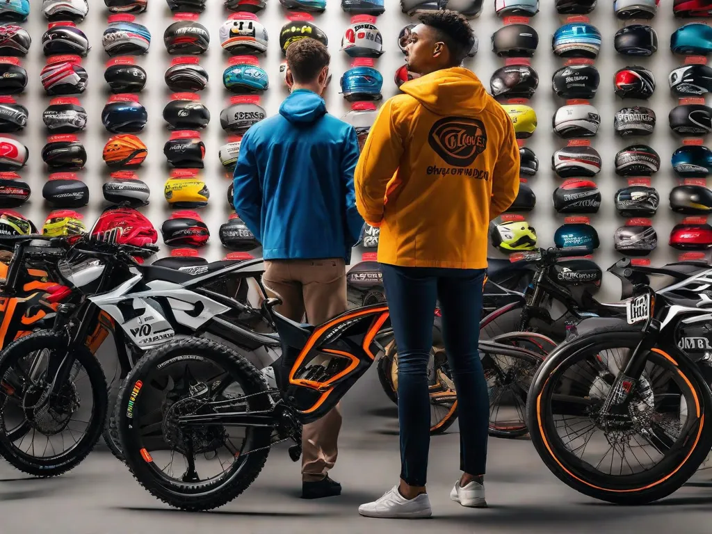 Uma imagem de uma pessoa em pé na frente de uma parede coberta por vários logotipos de bicicleta. Ela está cuidadosamente comparando as etiquetas de preço e as características de diferentes bicicletas, simbolizando a importância de considerar a relação custo-benefício ao escolher uma marca.