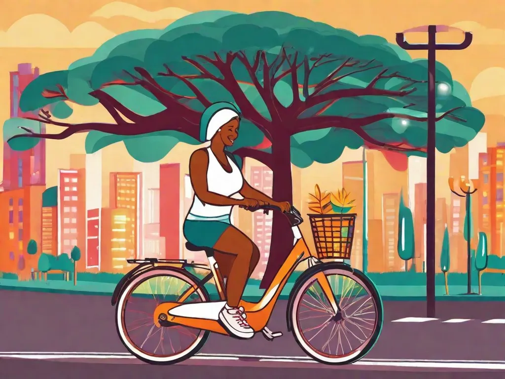 Imagem: Uma pessoa sorridente montando uma bicicleta em um caminho ensolarado, com as mãos levantadas no ar, expressando alegria e diversão. As cores vibrantes das árvores ao redor refletem a energia positiva e a sensação de liberdade que a bicicleta proporciona.