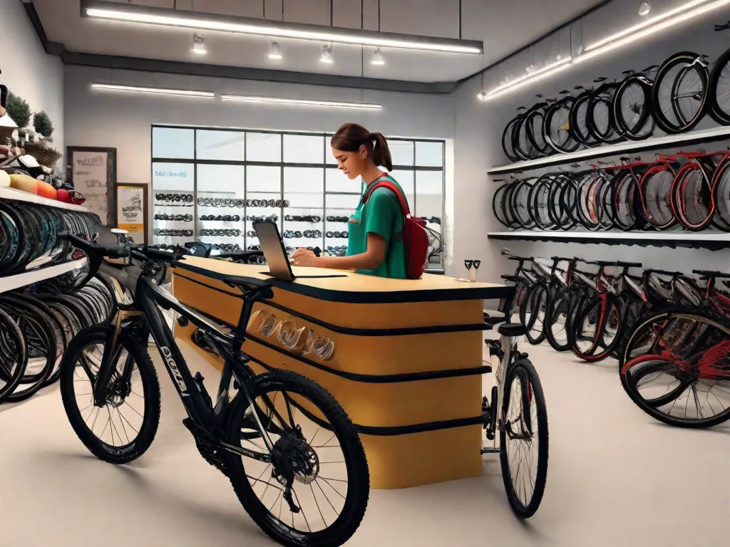 Imagem: Uma pessoa em pé na frente de uma fileira de bicicletas em uma loja de bicicletas. Ela está examinando cuidadosamente os diferentes modelos, comparando características e tamanhos. A pessoa está segurando um bloco de notas e uma caneta, anotando informações enquanto decide qual bicicleta é a mais adequada para ela.
