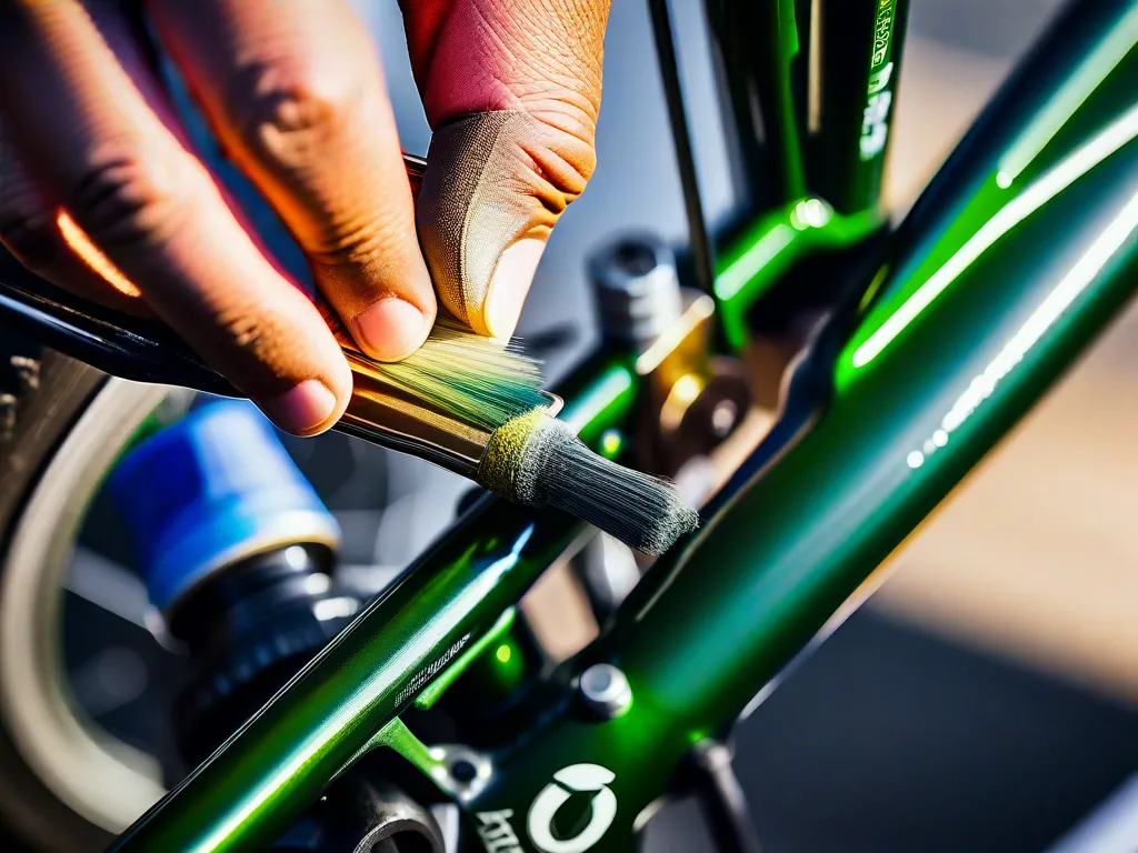 Descrição da imagem: Um close de um quadro de bicicleta sendo cuidadosamente revestido com uma camada de tinta protetora. As mãos de um habilidoso mecânico de bicicletas podem ser vistas segurando um pincel, aplicando a tinta de forma uniforme e suave para garantir que a bicicleta esteja protegida contra qualquer possível ferrugem no futuro.