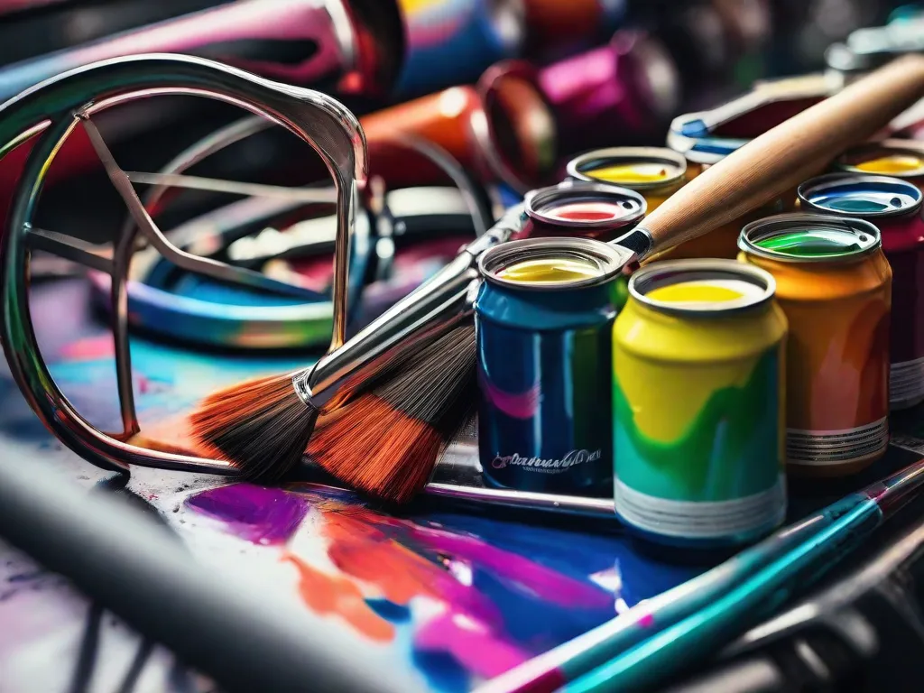 Uma imagem em close-up de um quadro de bicicleta sendo pintado, com latas de tinta vibrantes e pincéis ao redor. As cores são cuidadosamente escolhidas para representar a personalidade e o estilo do ciclista, mostrando o processo de seleção das tonalidades perfeitas para uma bicicleta personalizada.